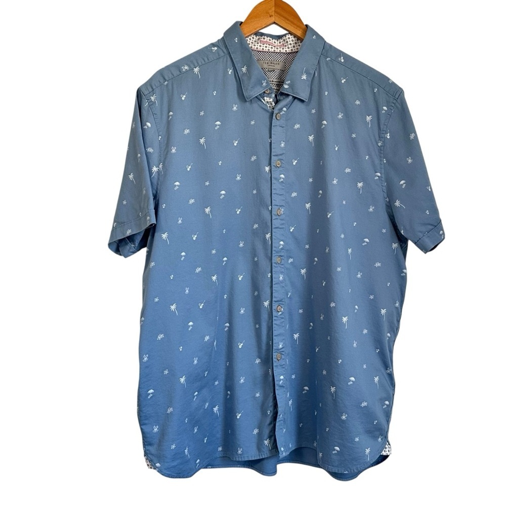 Ted Baker Mens Beach Novelty Print Button Up Shirt Sz 7 US 3XL Blue Short Sleeve